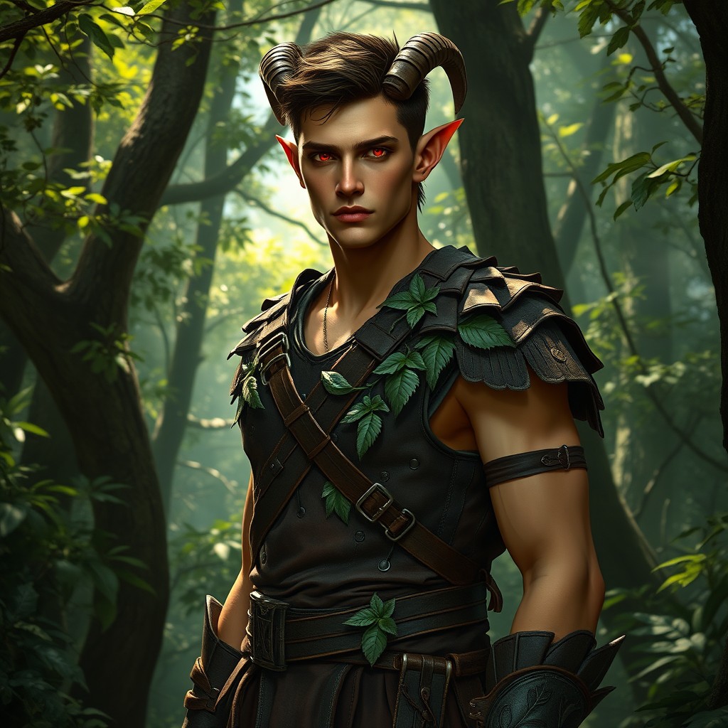 A handsome male tiefling druid standing confidently, with normal skin tone and striking red eyes