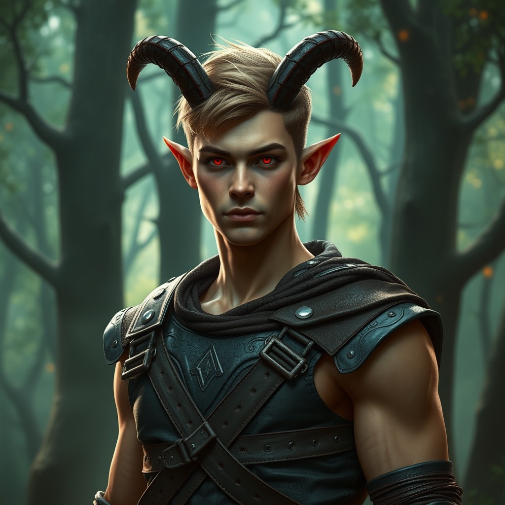 A handsome male tiefling druid standing tall at 1