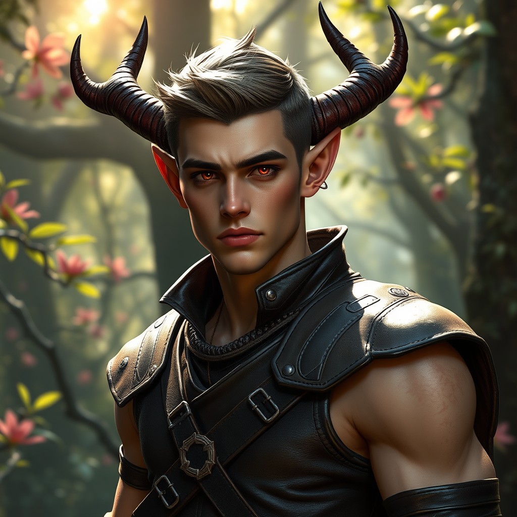 A handsome male tiefling druid with normal skin tone, striking red eyes and curved horns swept back