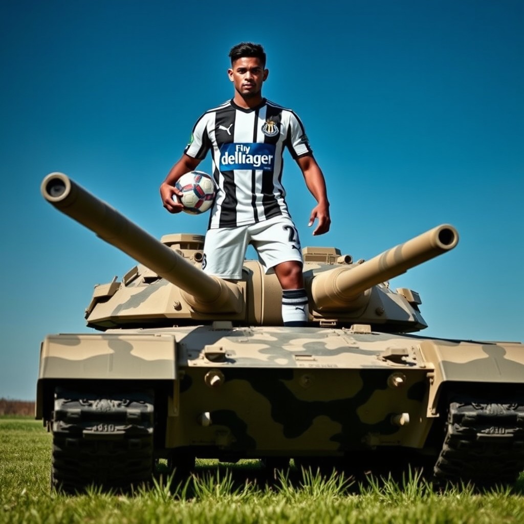 A fierce looking football player representing Newcastle United, named Ayaan, confidently standing atop a rugged military tank