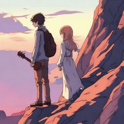 In Anime style, illustrate a side-profile of a girl on a rocky cliff during sunset. A man from afar looks at her, a guitar resting on his shoulder.