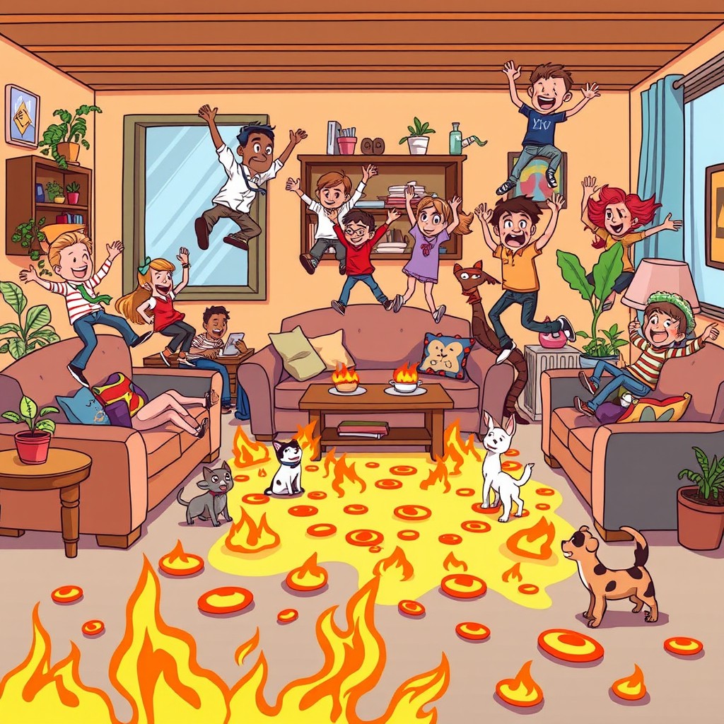 A vibrant and humorous illustration featuring a chaotic scene in a cartoonish style depicting the concept of "the floor is lava"