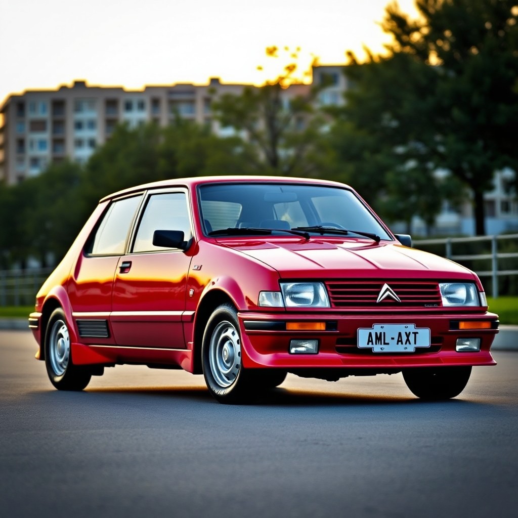 A classic Citroën AX, featuring a vibrant red color, designed with a sporty aesthetic