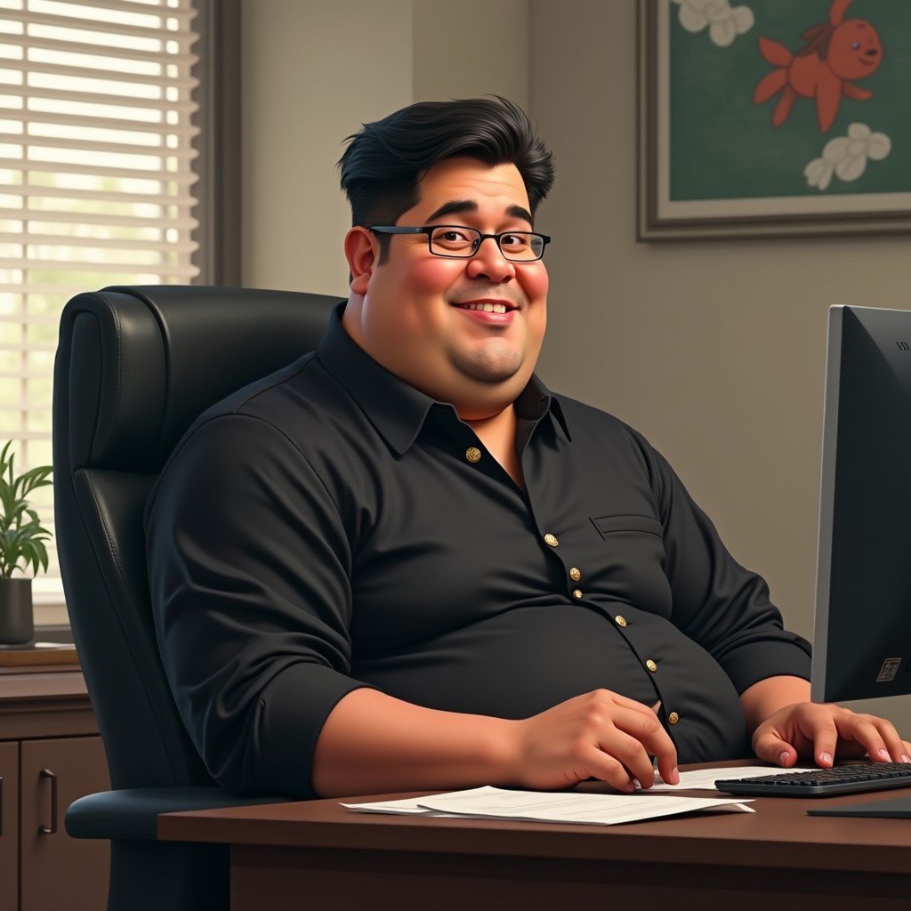 A realistic depiction of a stout male character in a classic black terno (traditional Filipino formal attire) seated at a modern office desk