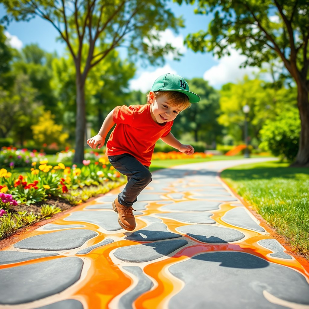 A vibrant park scene featuring a young boy wearing a green cap, a red shirt, black pants, and brown shoes