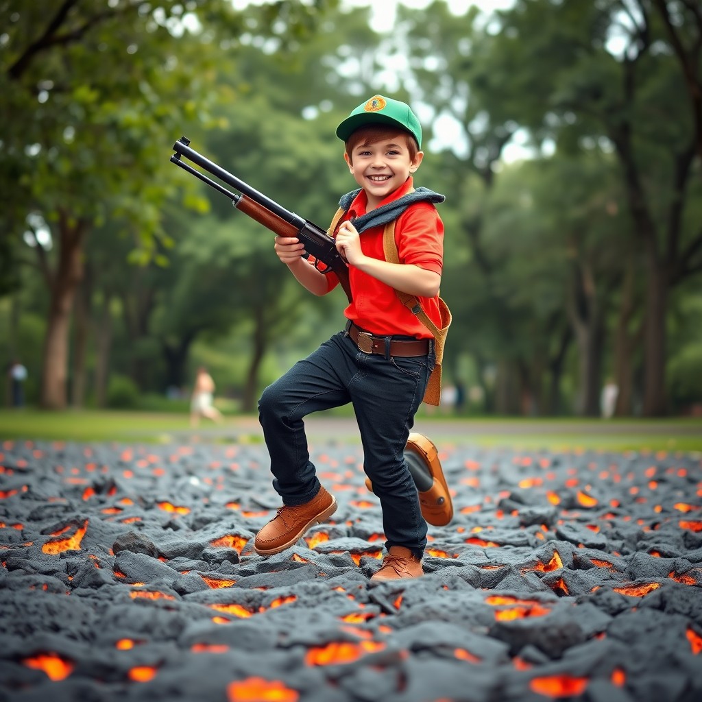 A dynamic and vibrant scene depicting a young boy in a park, wearing a green cap, a bright red shirt, black pants, and brown shoes