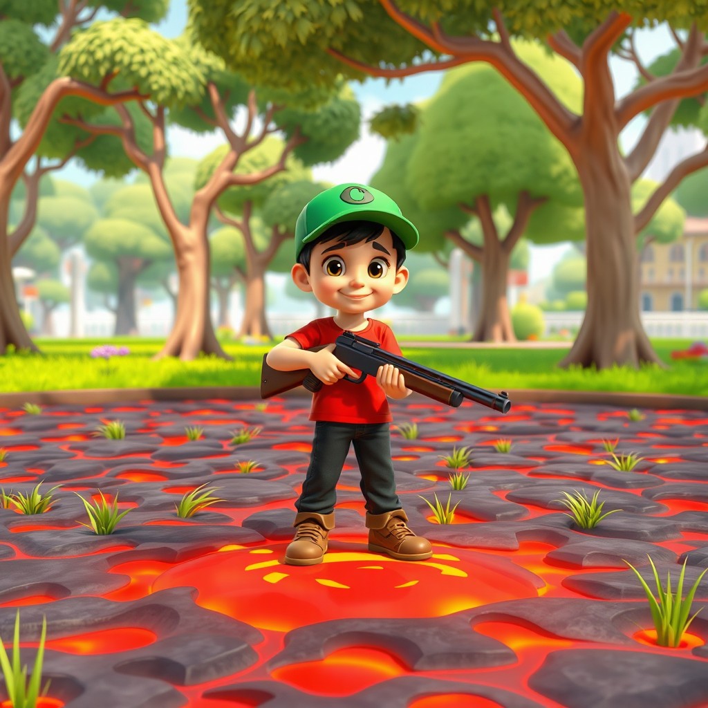 A vibrant video game style scene set in a park where a young boy is standing on a lava-like ground
