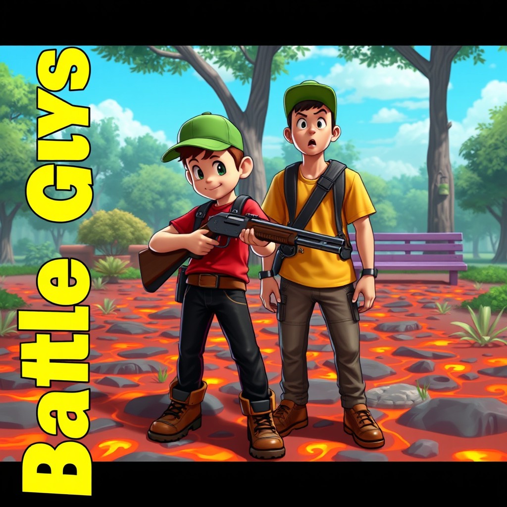 An exciting scene in a video game style portraying two characters in a vibrant park setting