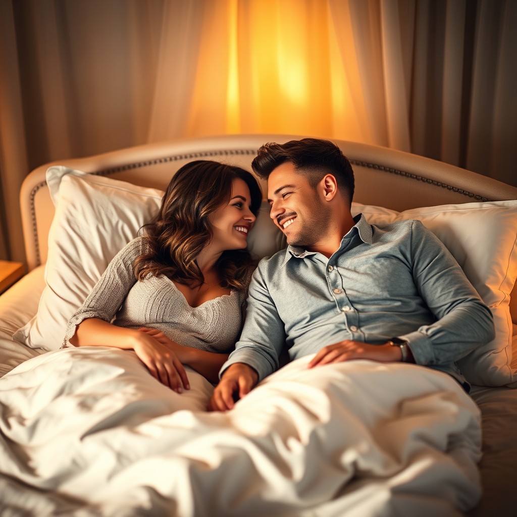 A romantic scene featuring a married couple comfortably lying in bed, surrounded by soft, warm lighting that creates an intimate atmosphere