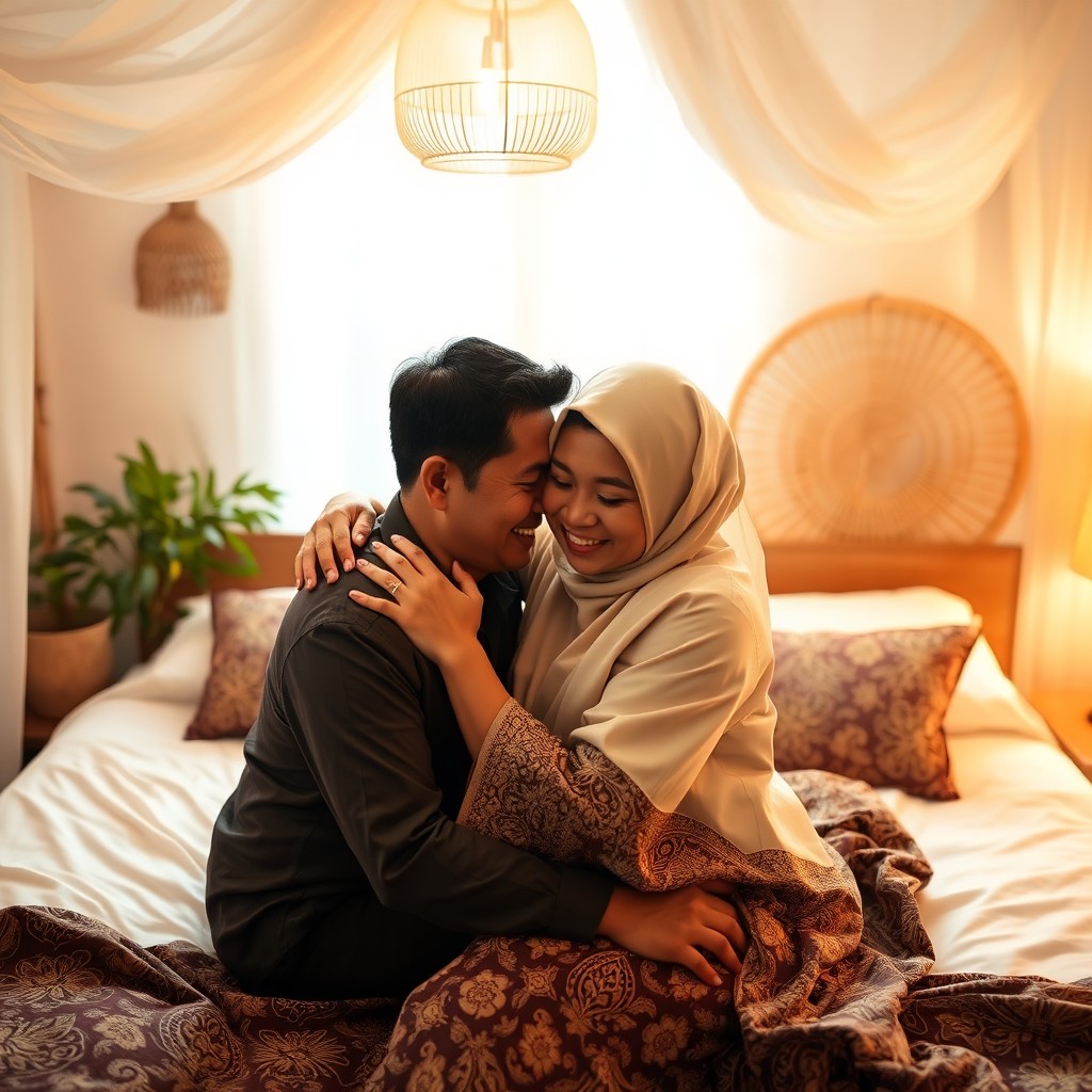 A romantic scene of an Indonesian married couple in bed, surrounded by soft, warm lighting
