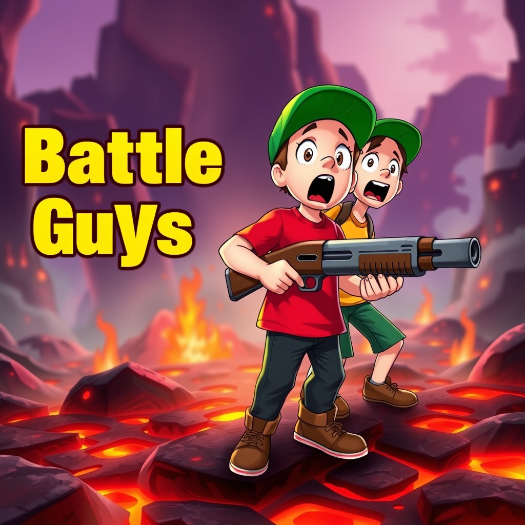 A vibrant video game-themed thumbnail showcasing a lava floor setting, featuring a surprised boy wearing a green cap, a red shirt, black pants, and brown shoes, holding a video game-style shotgun