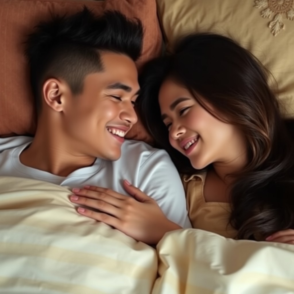 A young couple, both handsome and beautiful, lying romantically together in bed in a cozy Surabaya setting