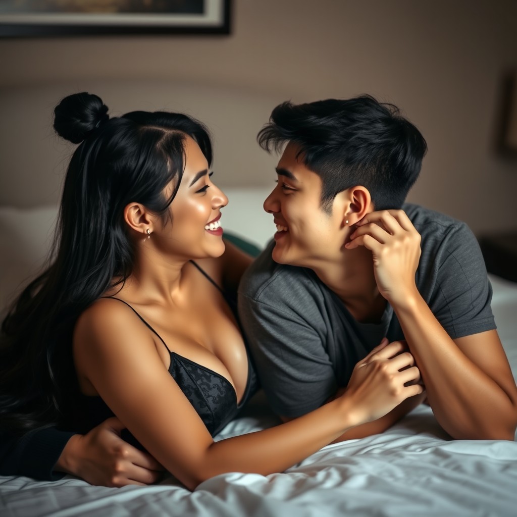 A handsome young couple, husband and wife from Bandung, looking romantically into each other's eyes while lying on a bed