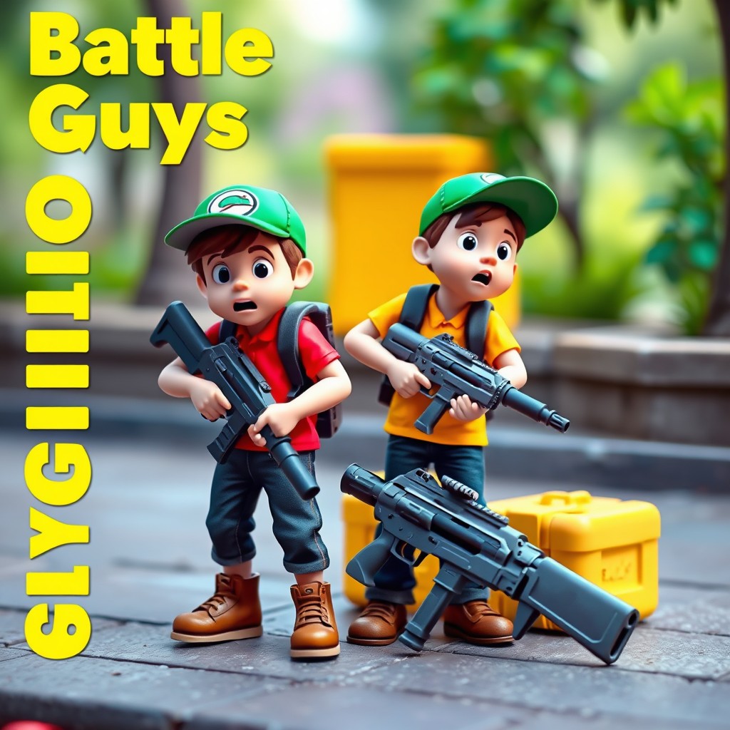 A vibrant video game-inspired miniature scene featuring two surprised young men in a park setting