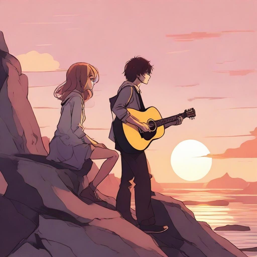 In Anime style, illustrate a side-profile of a girl on a rocky cliff during sunset. A man from afar looks at her, a guitar resting on his shoulder.