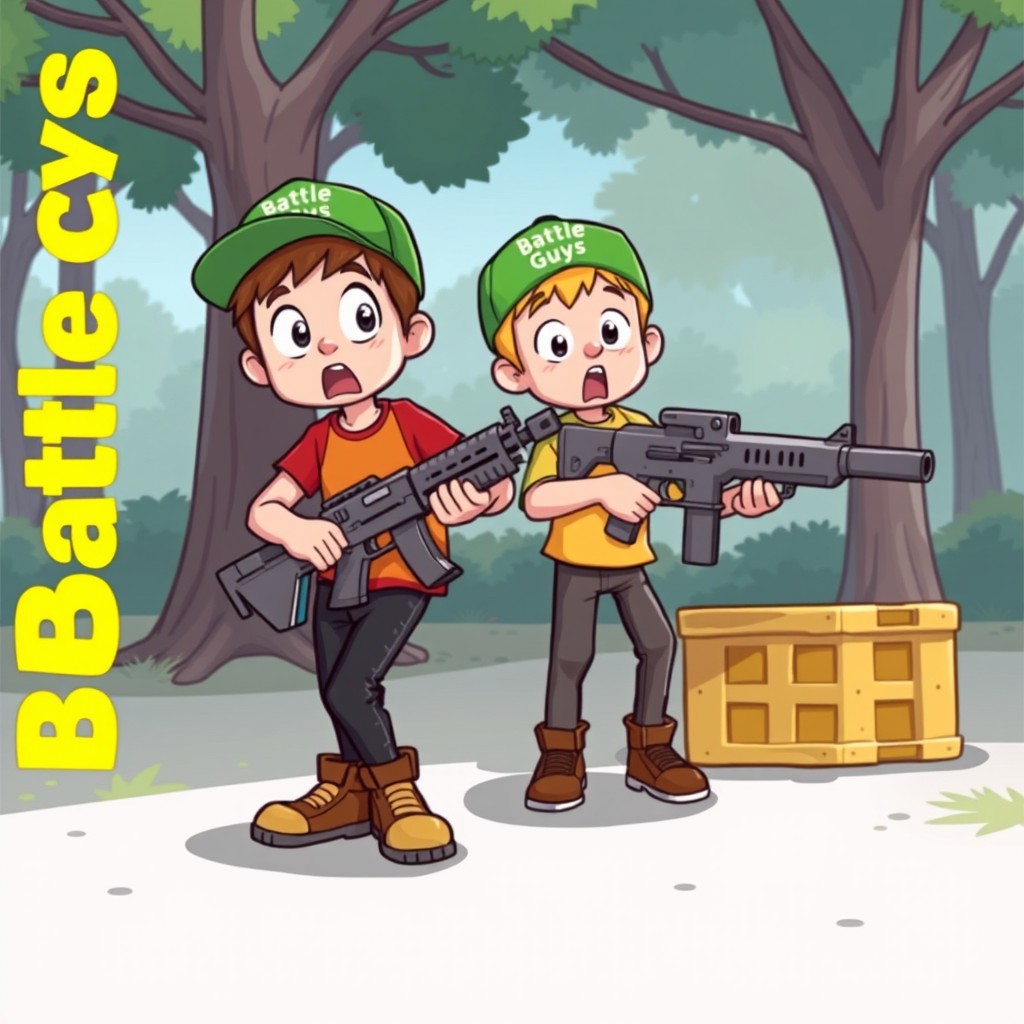 A vibrant game-themed illustration depicting two surprised boys in a park