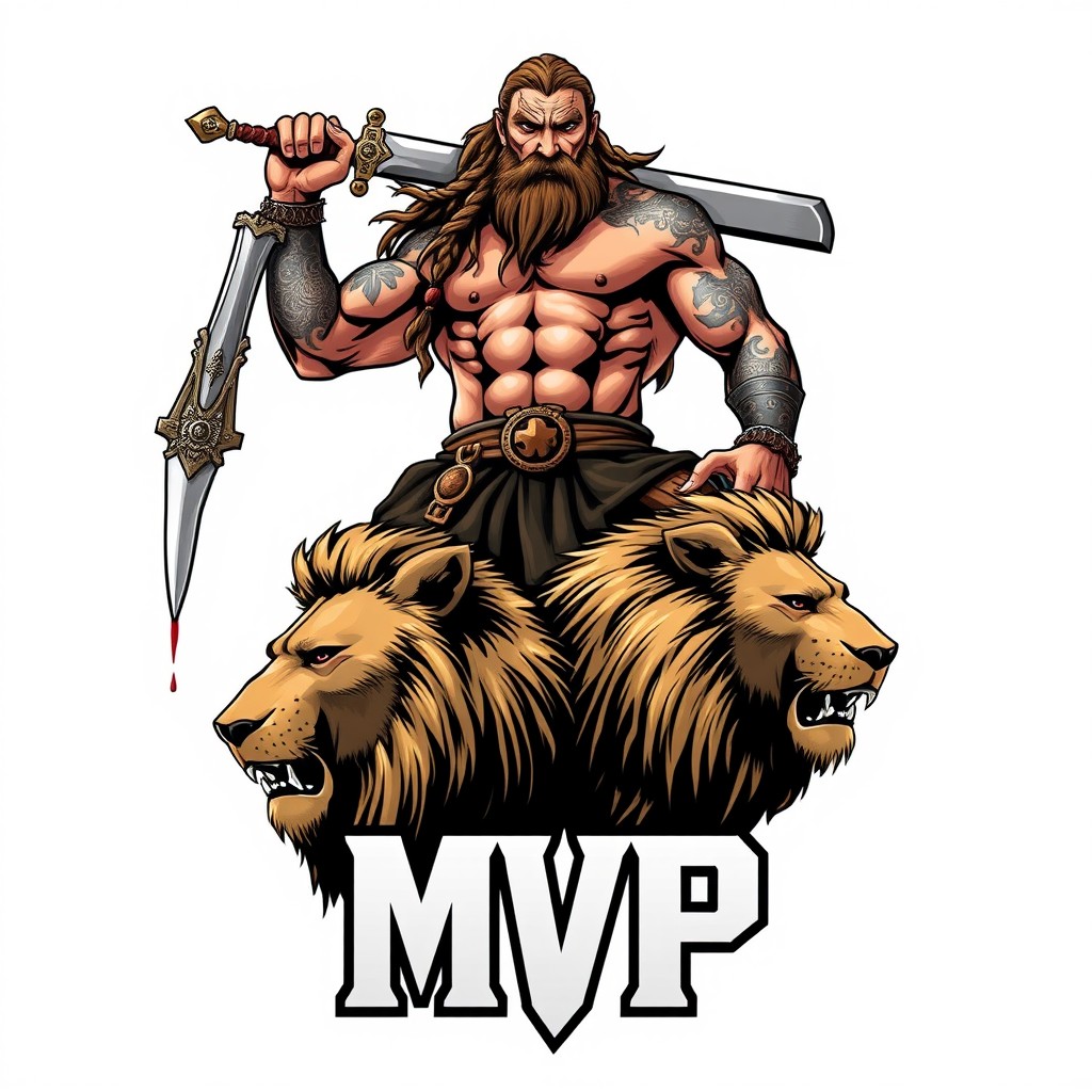 A muscular Viking warrior, showcasing intricate Norse tattoos, standing triumphantly on top of a fierce lion