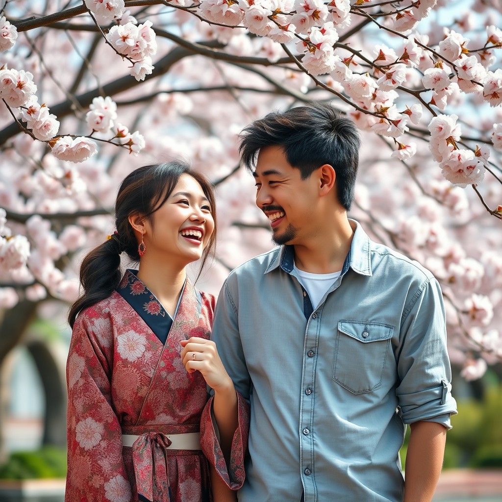 A beautiful couple, a Japanese husband and wife, playfully laughing together in a vibrant setting
