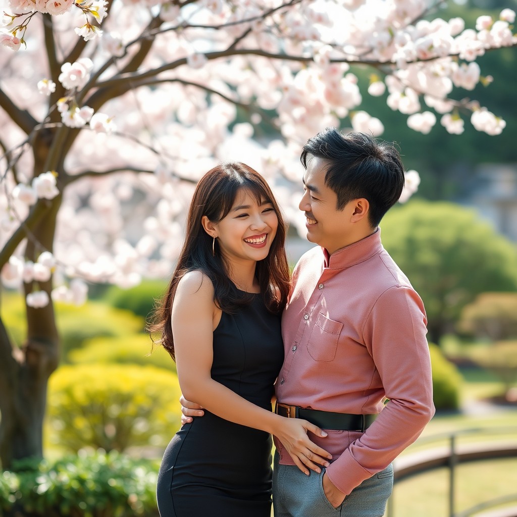 A beautiful Japanese couple, husband and wife, playfully teasing each other and smiling joyfully