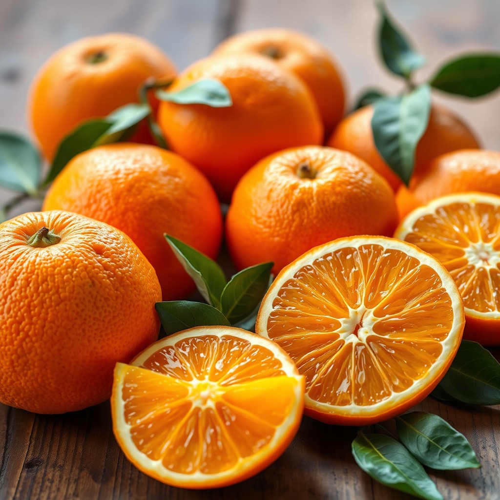 A vibrant, close-up image of fresh, juicy oranges, showcasing their textured skin and bright orange color