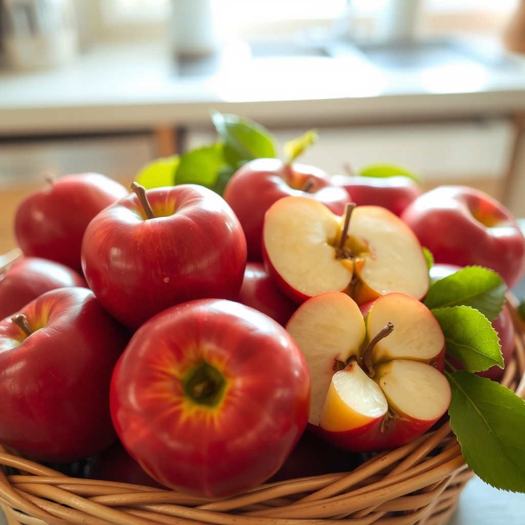 A stunning arrangement of shiny, red apples nestled in a woven basket, capturing their smooth skin and vibrant color