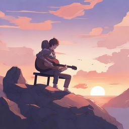 In Anime style, illustrate a side-profile of a girl on a rocky cliff during sunset. A man from afar looks at her, a guitar resting on his shoulder.