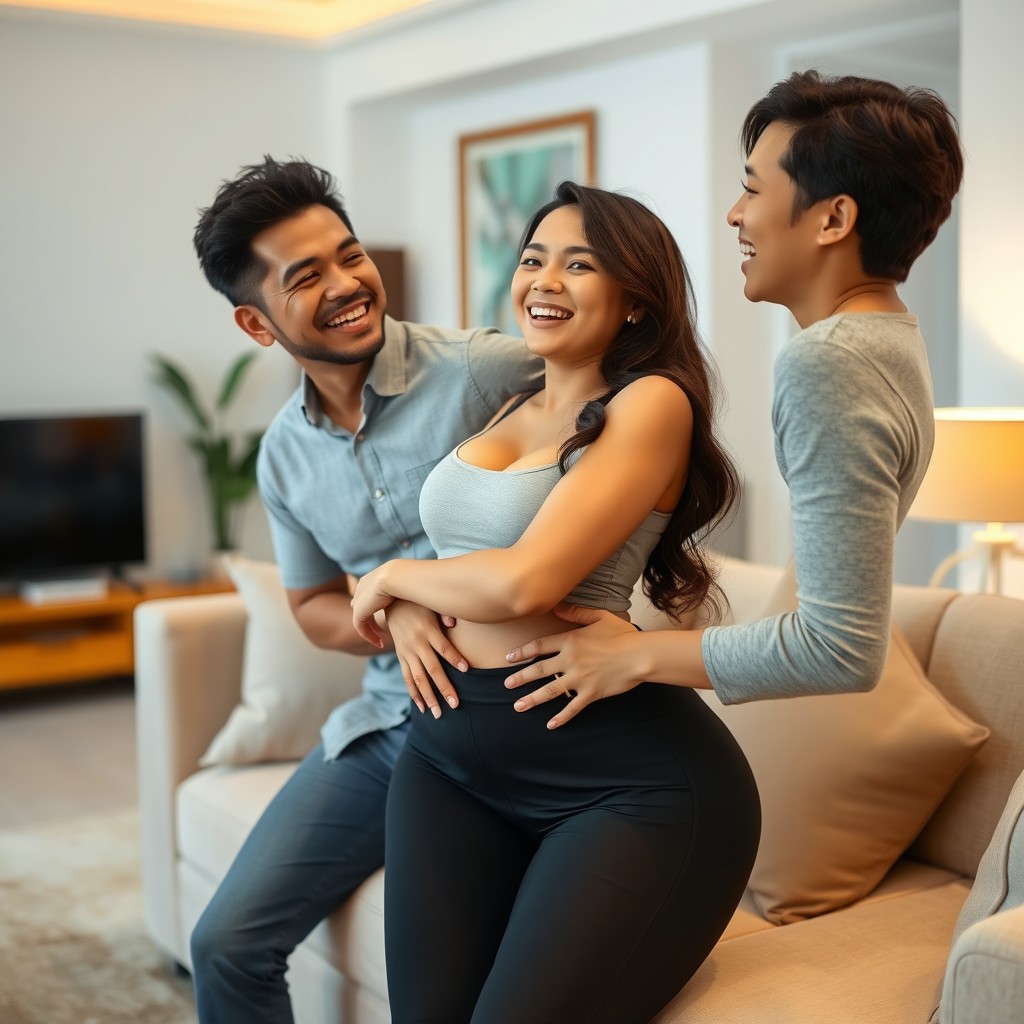 A happy Indonesian couple engaging in playful banter in their living room