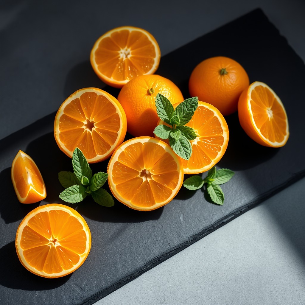 A strikingly cool arrangement of fresh, bright oranges with a modern twist