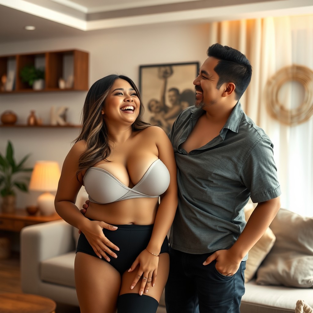 A beautiful Indonesian couple, both with fair skin and curvy bodies, joyfully playfully interacting in a cozy living room setting