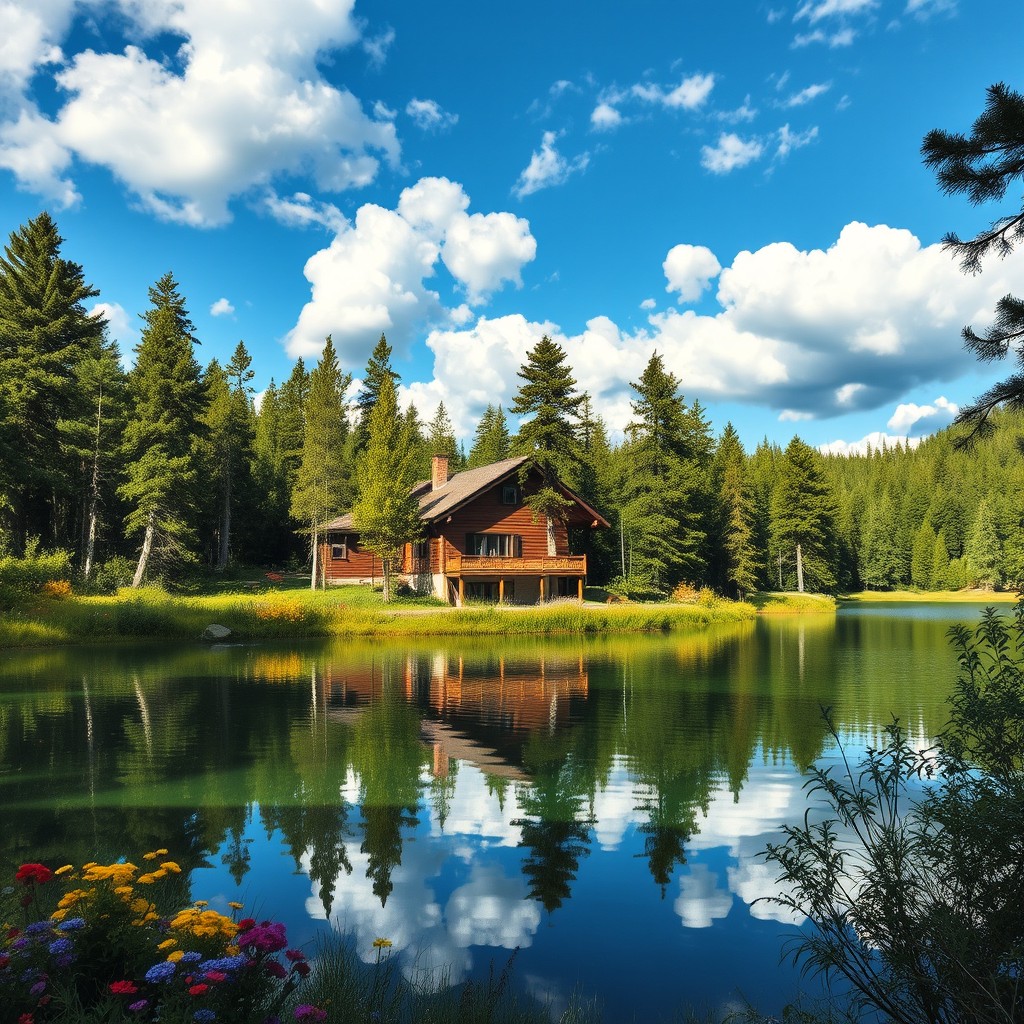 A picturesque landscape featuring a cozy house situated inside a vibrant green forest by a tranquil lake