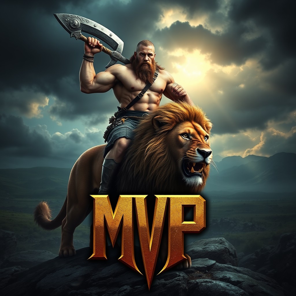 A realistic muscular Viking warrior with prominent muscles and battle scars, bleeding slightly, wielding a large, ornate sword