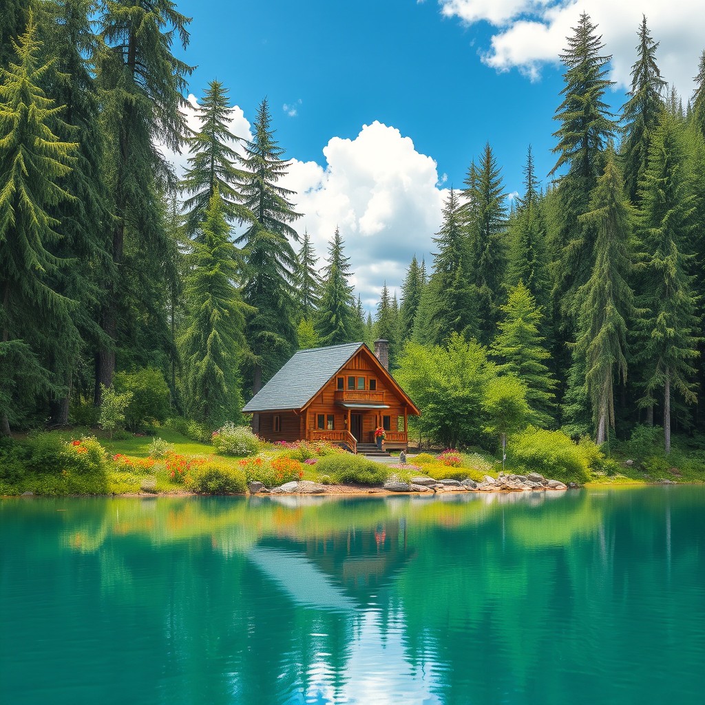 A vertical landscape depicting a cozy house nestled within a lush green forest, positioned beside a serene lake
