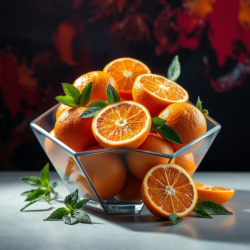 An ultra-cool, artistic composition featuring an assortment of vibrant oranges, displayed in a modern, geometric glass bowl