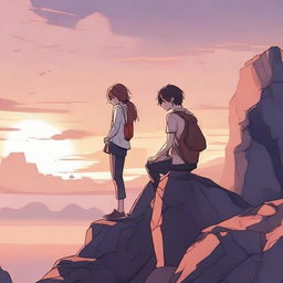 In Anime style, illustrate a side-profile of a girl on a rocky cliff during sunset. A man from afar looks at her, a guitar resting on his shoulder.