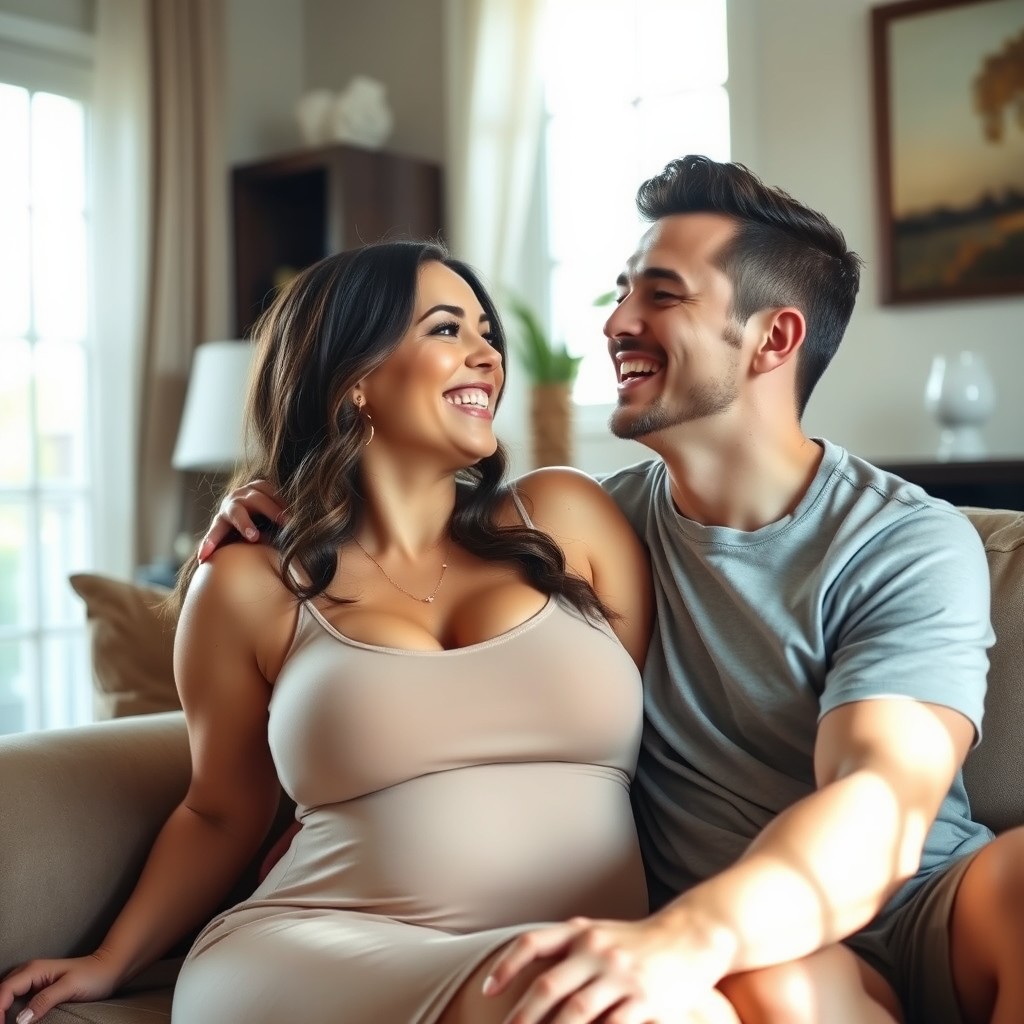 A beautiful married couple sitting in a cozy living room, both with fair skin