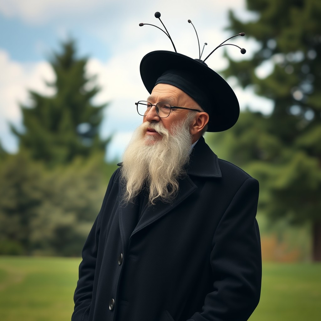 A wise and elderly rabbi with a long beard and traditional attire, including a black coat and a wide-brimmed hat, standing in a serene outdoor setting