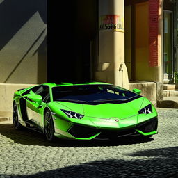 A striking lime green Lamborghini in an urban street environment under bright sunlight