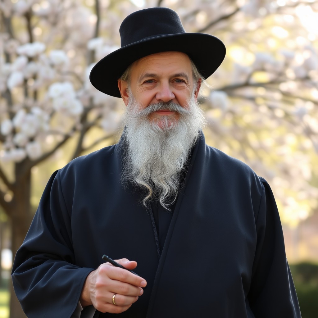 A wise, elderly rabbi standing outdoors, holding a small antenna in one hand