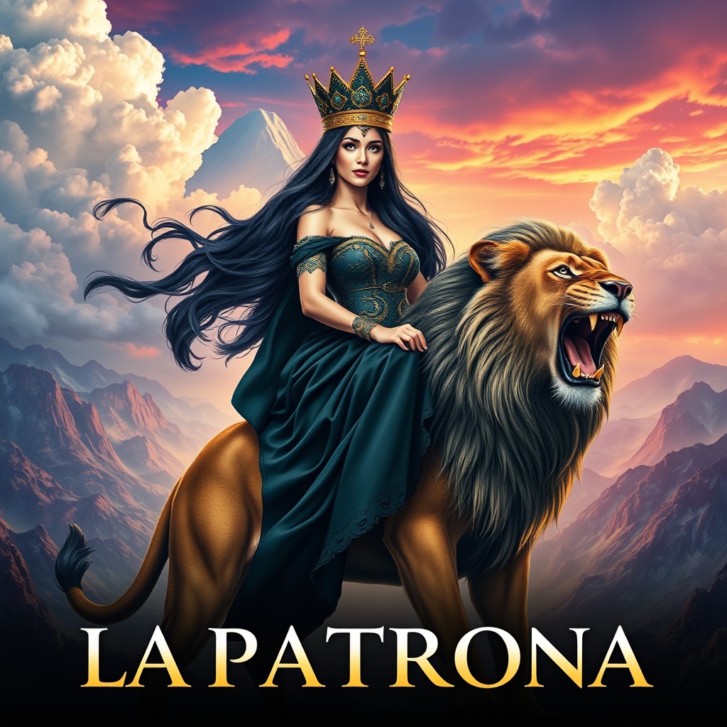 A majestic queen with long black hair and striking blue eyes, elegantly wearing a decorative crown and a flowing black dress