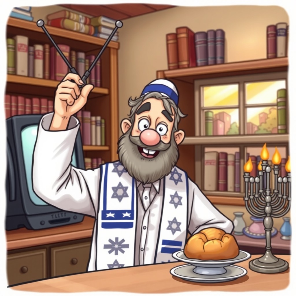 A whimsical scene featuring a Rabbi, dressed in traditional Jewish attire with a tallit and kippah, holding a TV antenna in one hand