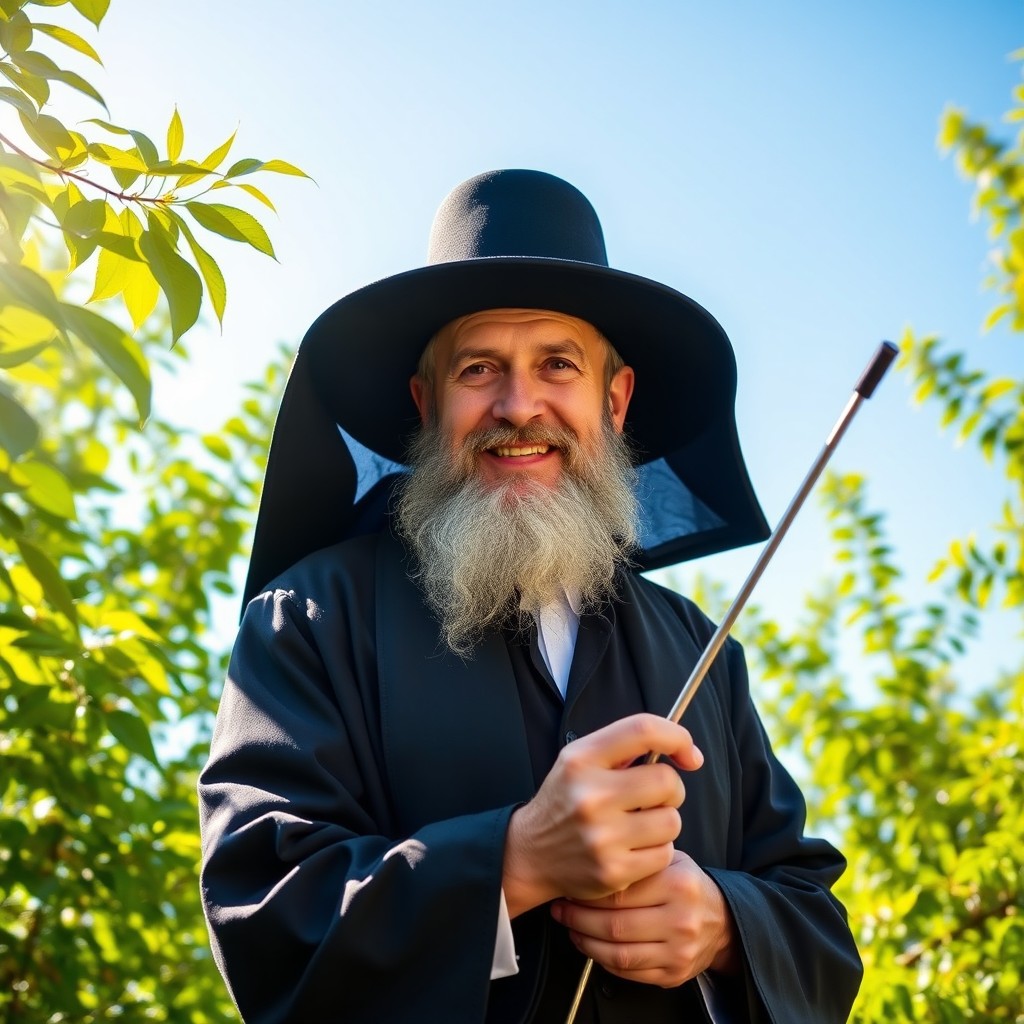 A wise-looking Rabbi holding a log-periodic antenna in his hand, dressed in traditional clothing with a black hat and a long coat