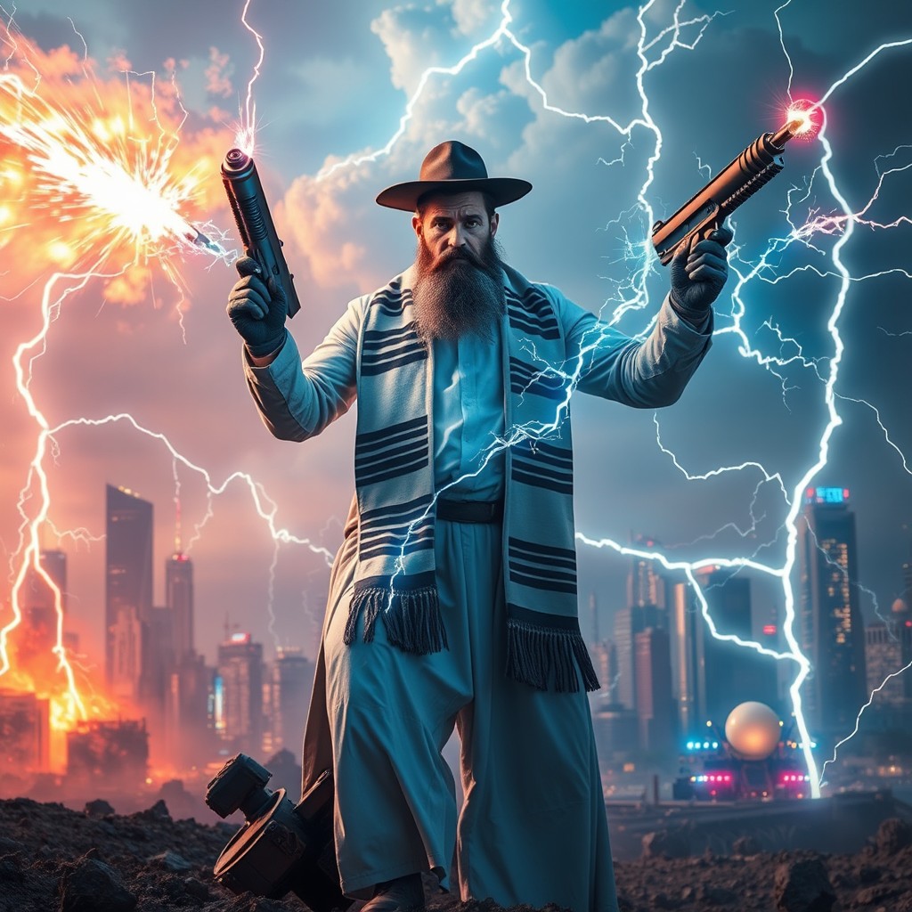 A powerful scene featuring a Rabbi, dressed in traditional attire with a tallit and kippah, wielding advanced electric weaponry in a dramatic setting