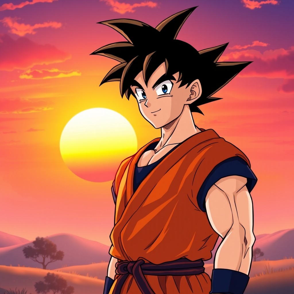 Son Goku standing confidently in front of a breathtaking rising sun, his iconic orange gi glowing in the warm light
