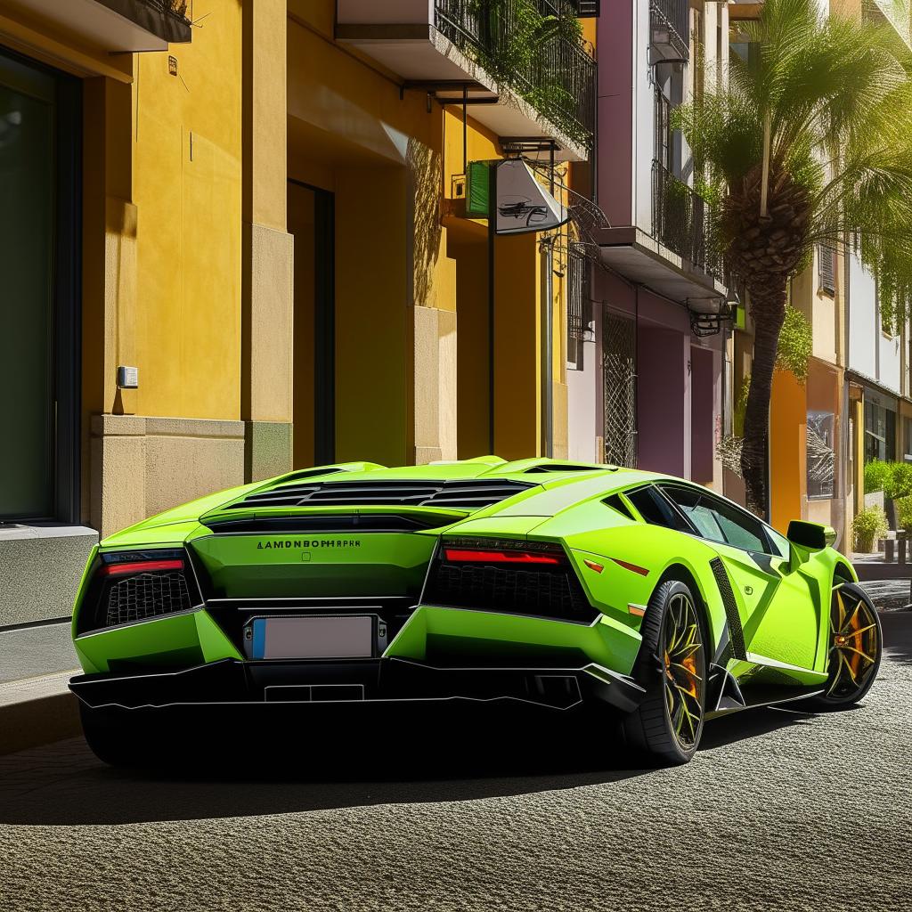 A striking lime green Lamborghini in an urban street environment under bright sunlight