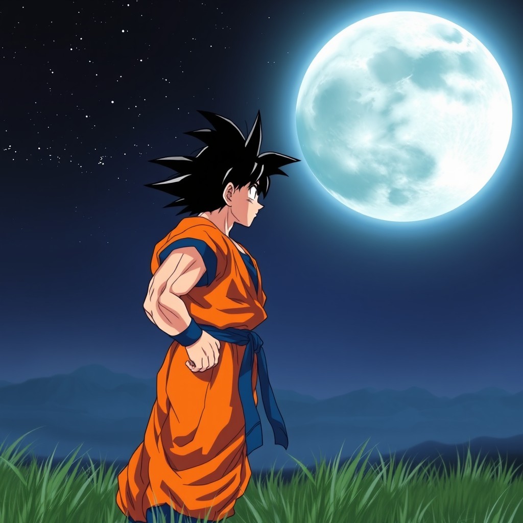 Son Goku, the iconic warrior from Dragon Ball, standing with a determined expression looking up at a large, glowing full moon in the background