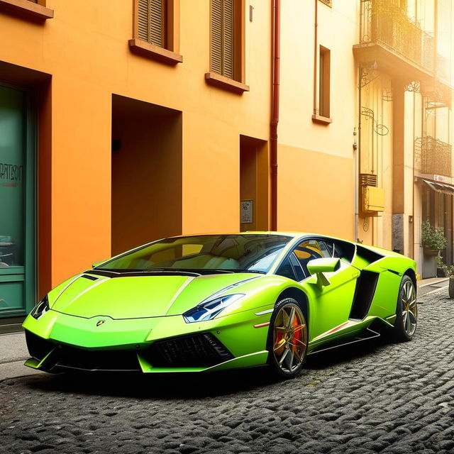 A striking lime green Lamborghini in an urban street environment under bright sunlight