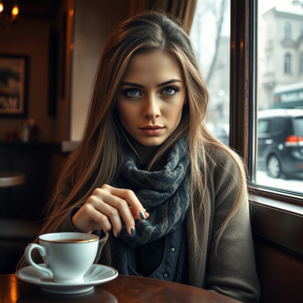 A mysterious woman named Alya, with long flowing hair and captivating green eyes, sits in a cozy cafe in Russia