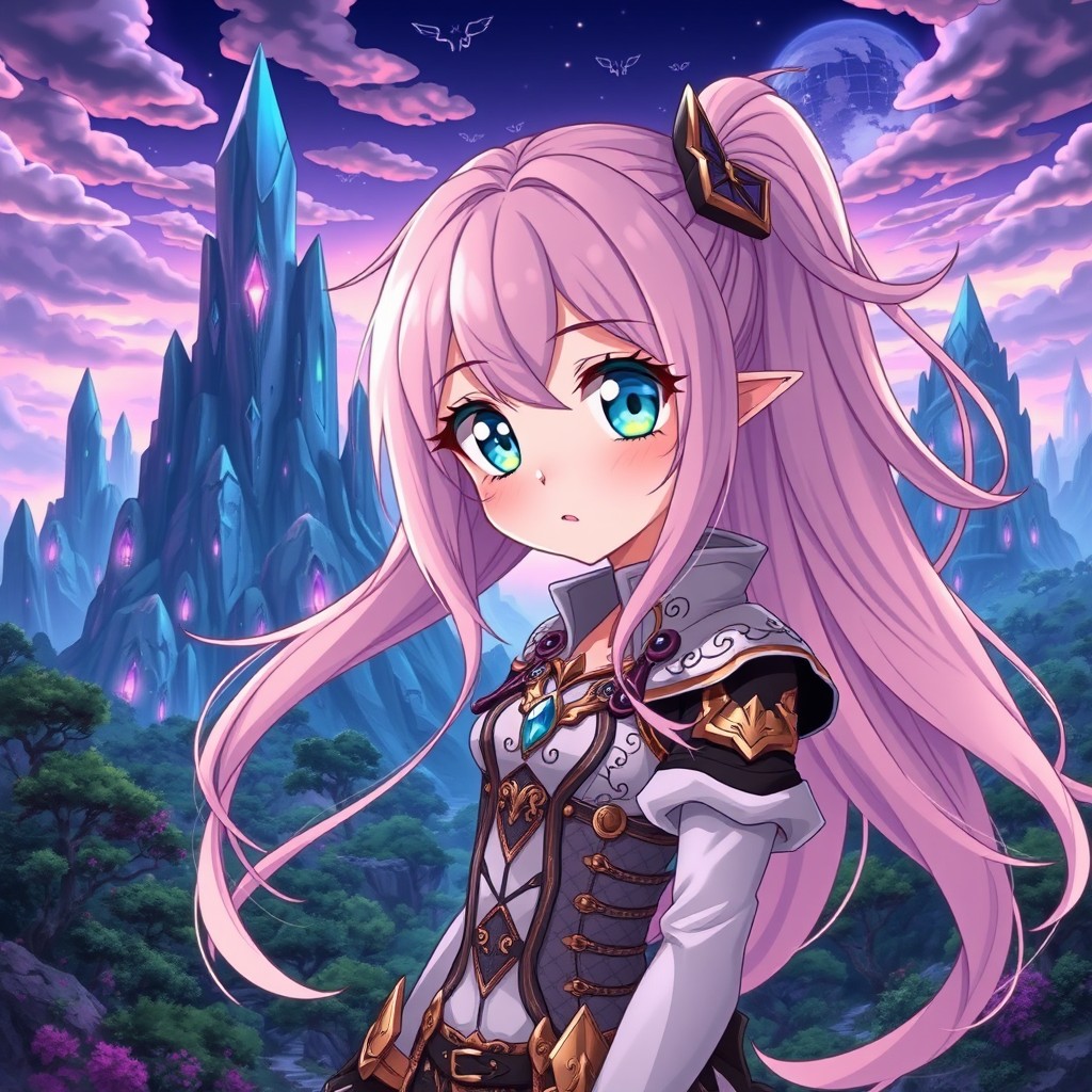 A captivating anime character named Alya, featuring long flowing hair with a radiant blend of pastel colors, large expressive eyes sparkling with vibrant hues, dressed in an elegant yet edgy outfit adorned with intricate details and patterns