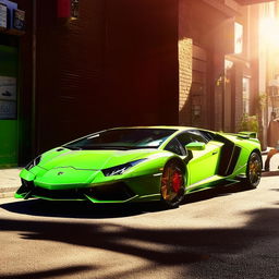 A striking lime green Lamborghini in an urban street environment under bright sunlight