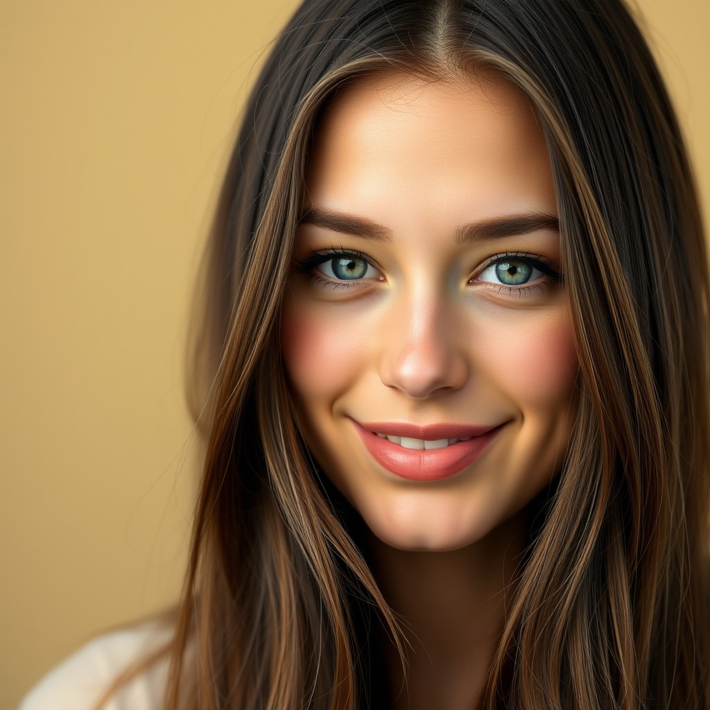 A high-resolution portrait of a 25-year-old woman with long brown hair and green eyes, smiling softly